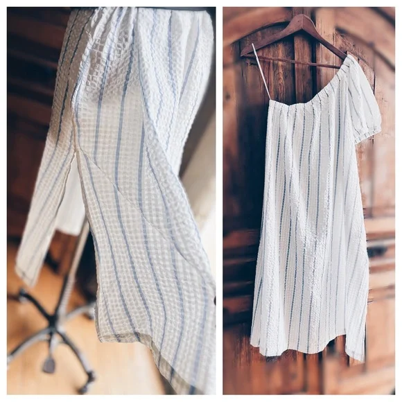 Madewell Seersucker Midi Dress One Shoulder Striped Small NWT - Picture 9 of 16